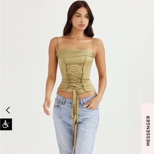 HOUSE OF CB LETITIA OLIVE SATIN LACE UP CORSET IN SMALL